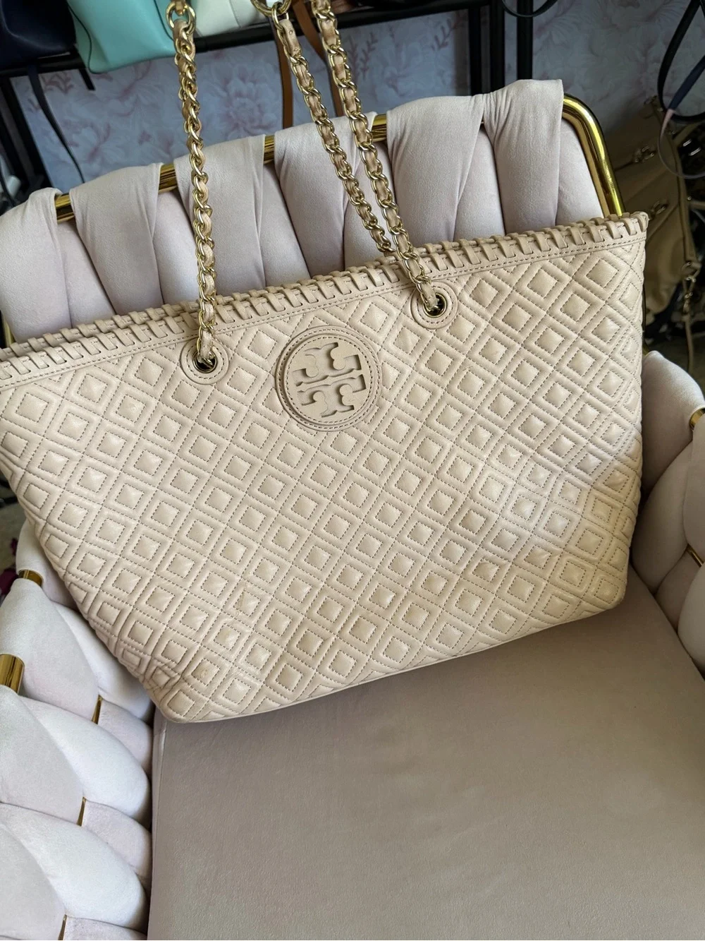 Tory Burch Marion Beige Quilted Leather Tote